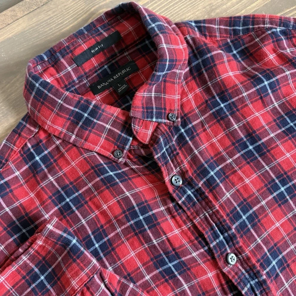 Banana Republic Men's Large Slim Fit Plaid Flannel Long Sleeve Button Down Shirt